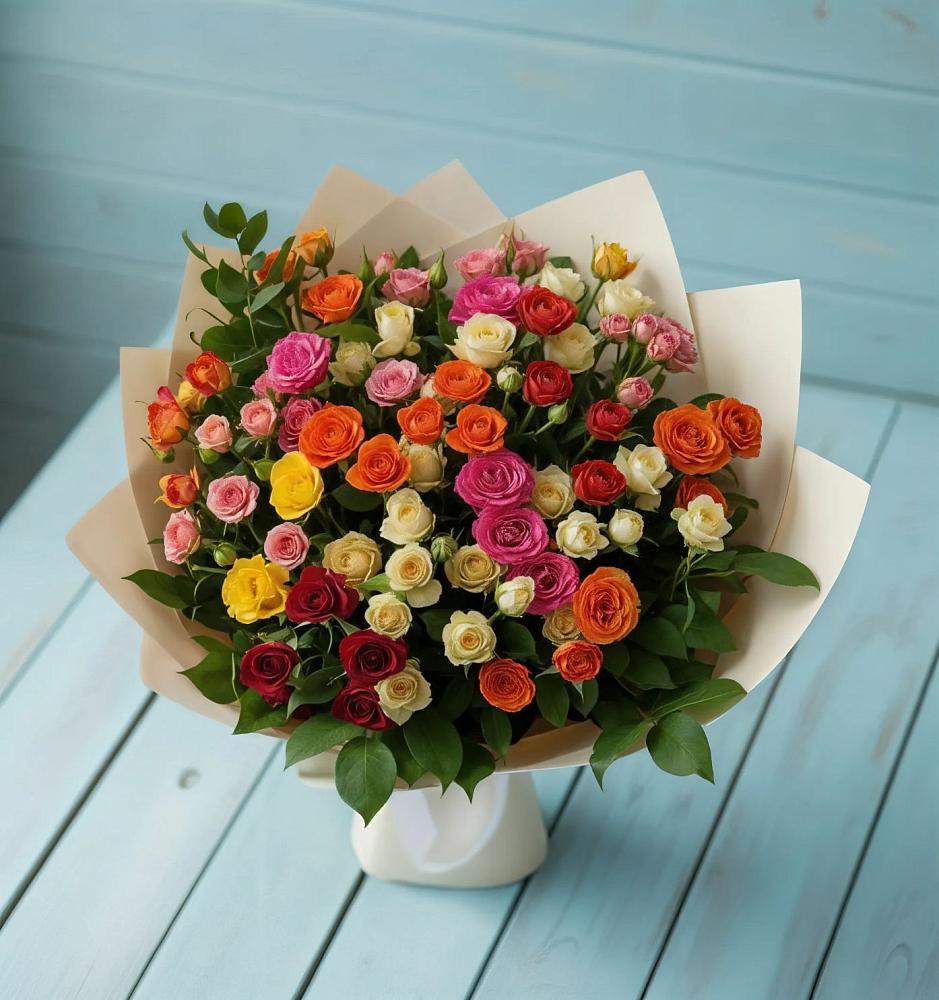 Букет Микс из разноцветных кустовых роз в Старощербиновской