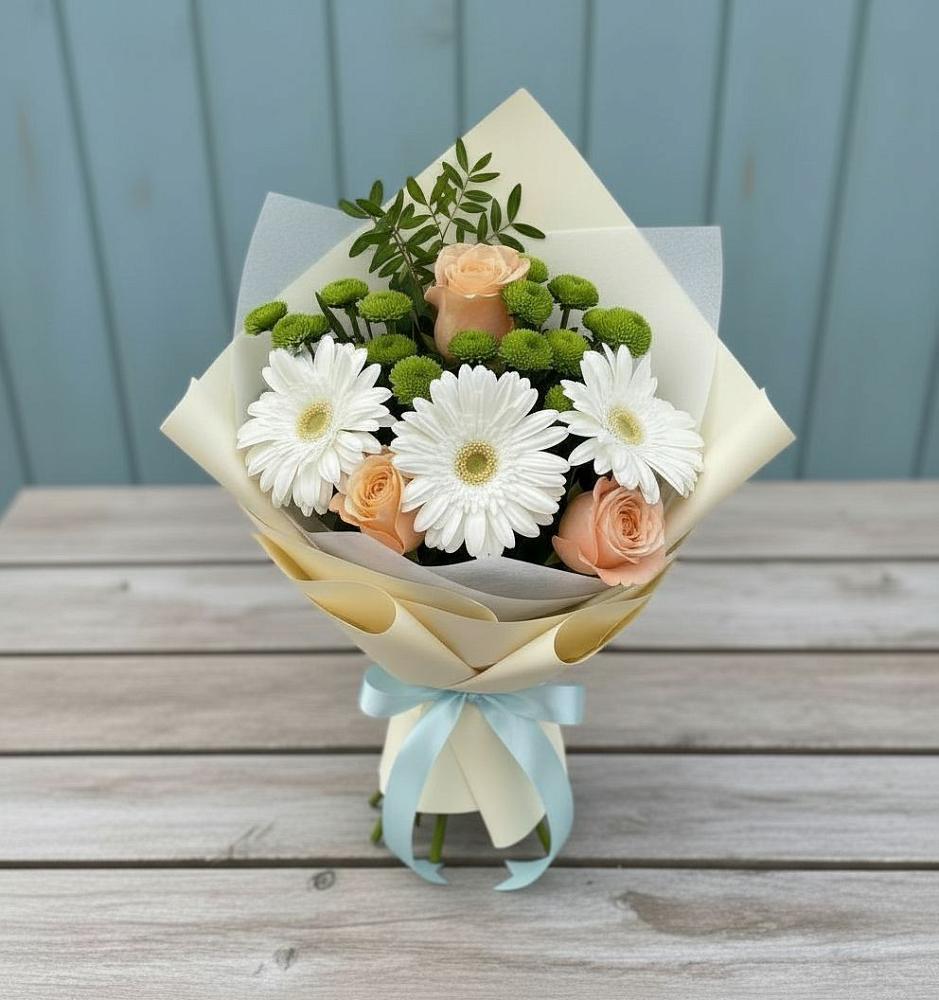 Букет цветов из: Герберы, Розы и Хризантемы в Старощербиновской