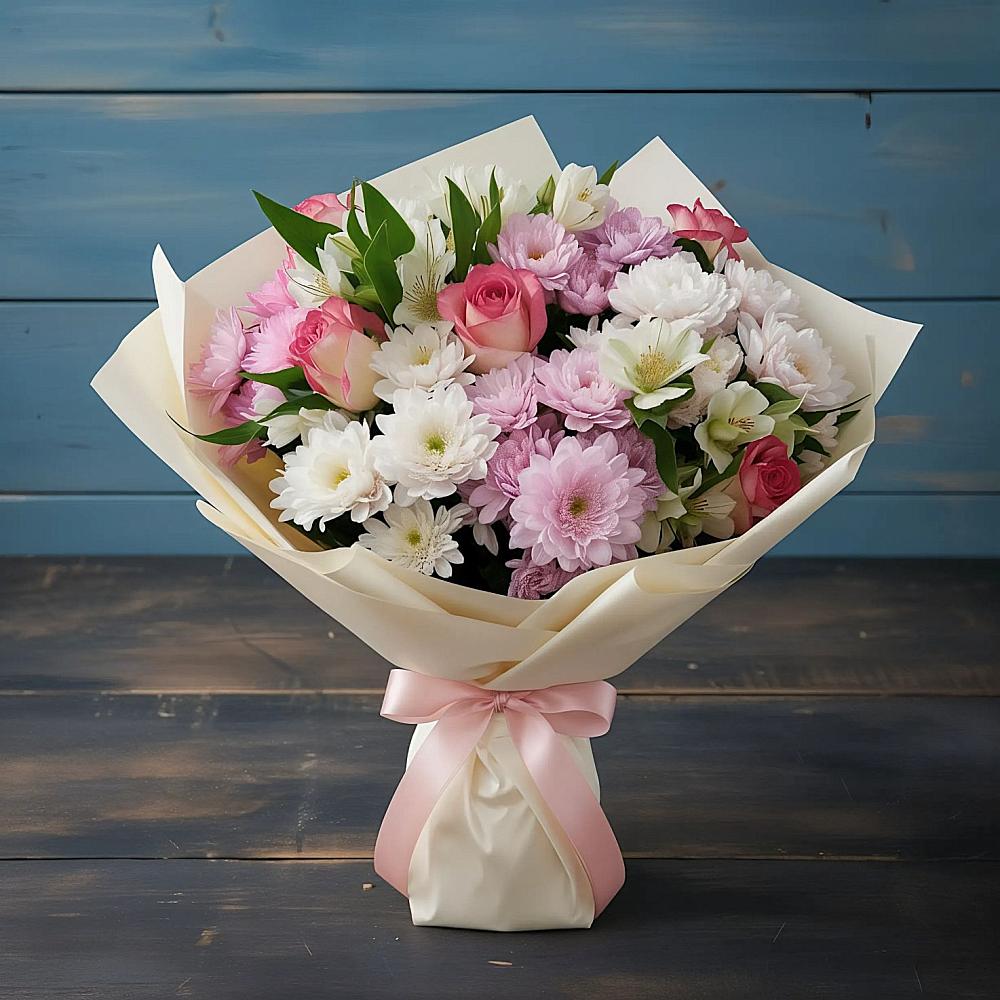 Букет цветов из: Хризантемы, Альстромерии и Розы в Старощербиновской